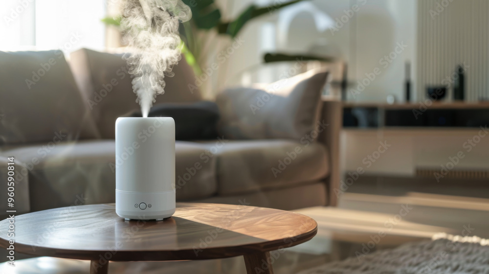 A modern aromatherapy diffuser releasing fragrant steam in a cozy living room setting during the daytime A modern aromatherapy diffuser releasing fragrant steam in a cozy living room setting during the daytime