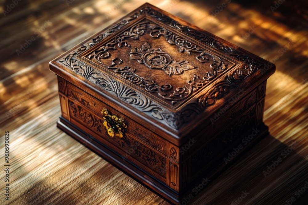 a highly detailed image of a polished wooden music box on a pale wood background, the box's intricate carvings and mechanisms visible a highly detailed image of a polished wooden music box on a pale wood background, the box's intricate carvings and mechanisms visible