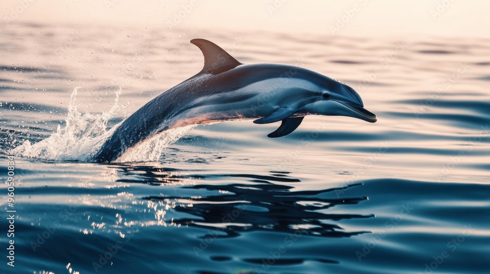 Fototapeta premium A dolphin breaching the surface of the water, with droplets flying through the air and the ocean calm and clear.
