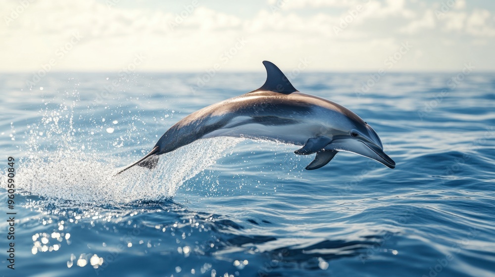 A dolphin breaching the surface of the water, with droplets flying through the air and the ocean calm and clear. A dolphin breaching the surface of the water, with droplets flying through the air and the ocean calm and clear.