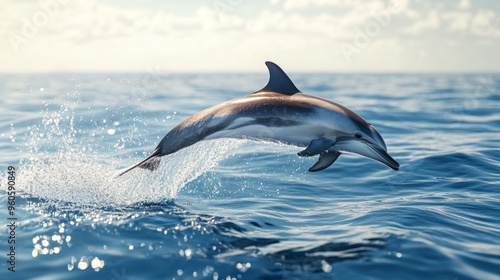 A dolphin breaching the surface of the water, with droplets flying through the air and the ocean calm and clear.