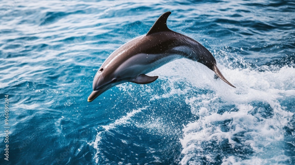 Fototapeta premium A dolphin jumping out of the water, creating a splash as it lands back in the ocean.