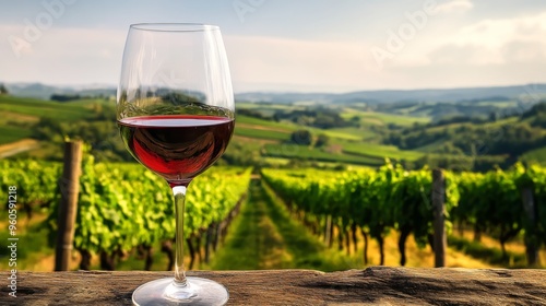 Single glass of red wine held up against a lush, green vineyard backdrop, capturing the essence of tranquility, elegance, and the appreciation of fine wine in a picturesque setting.