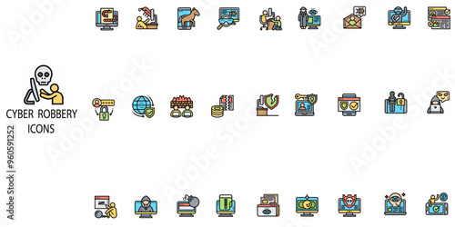 Cyber Rovery simple concept 27 colour icons set. Contains such Virus, Fraud, Malware Bug, Threat, Theft, Data Phishing, Hacker, Criminal, Thief etc.Vector illustration.