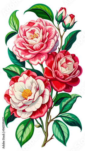 Vibrant Camellia Flower With Green Leaves Illustration - Vibrant illustration featuring beautiful camellia flower in full bloom surrounded by lush green leaves, showcasing nature's elegance and color.