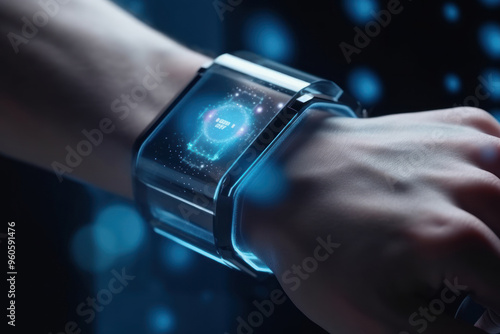 Close-up of a smartwatch with a holographic display on the wrist, a futuristic technology concept, with a blue glow light effect.