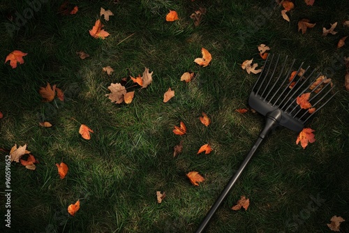 a lawn with a few fallen leaves scattered around, and a rake lying on the ground with a few leaves stuck in its tines. photo