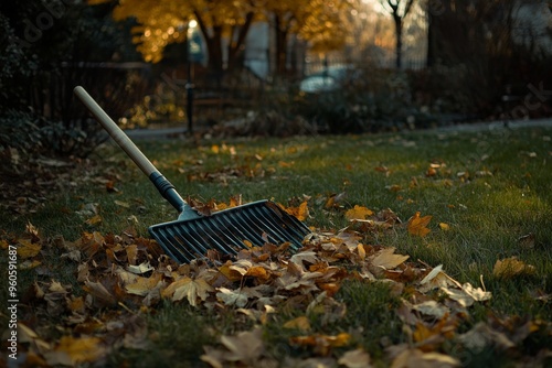 a lawn with a few fallen leaves scattered around, and a rake lying on the ground with a few leaves stuck in its tines. photo