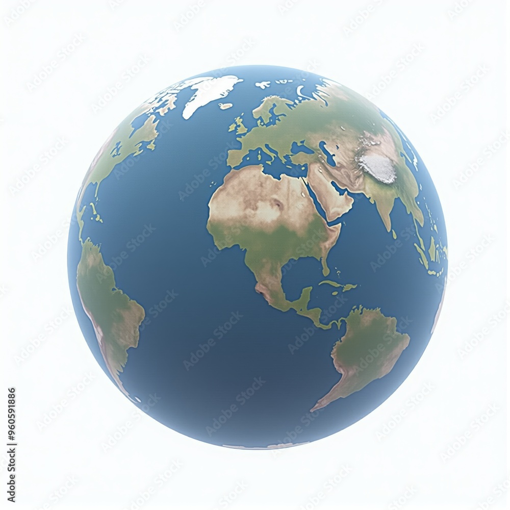Naklejka premium A polished 3D globe of Earth, showcasing its natural topography, set against a pure white background for a clean, modern look.