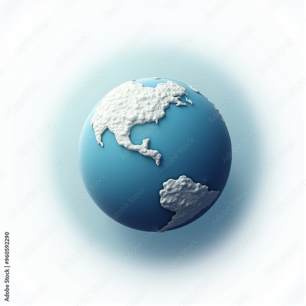 Obraz premium A sleek and minimalistic 3D representation of Earth, with visible continents and seas, floating in front of a solid white background.
