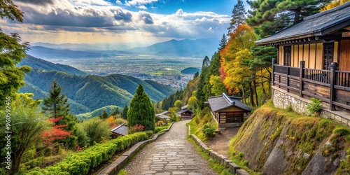 A stunning stock photo capturing the beautiful downhill path leading to the South Entry of Magome on the Nakasendo Trail with its asymmetrical layout and breathtaking natural scenery photo