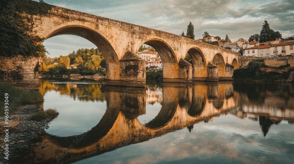 Fototapeta premium A historic stone bridge in a European town, with arches reflecting in the calm river below.