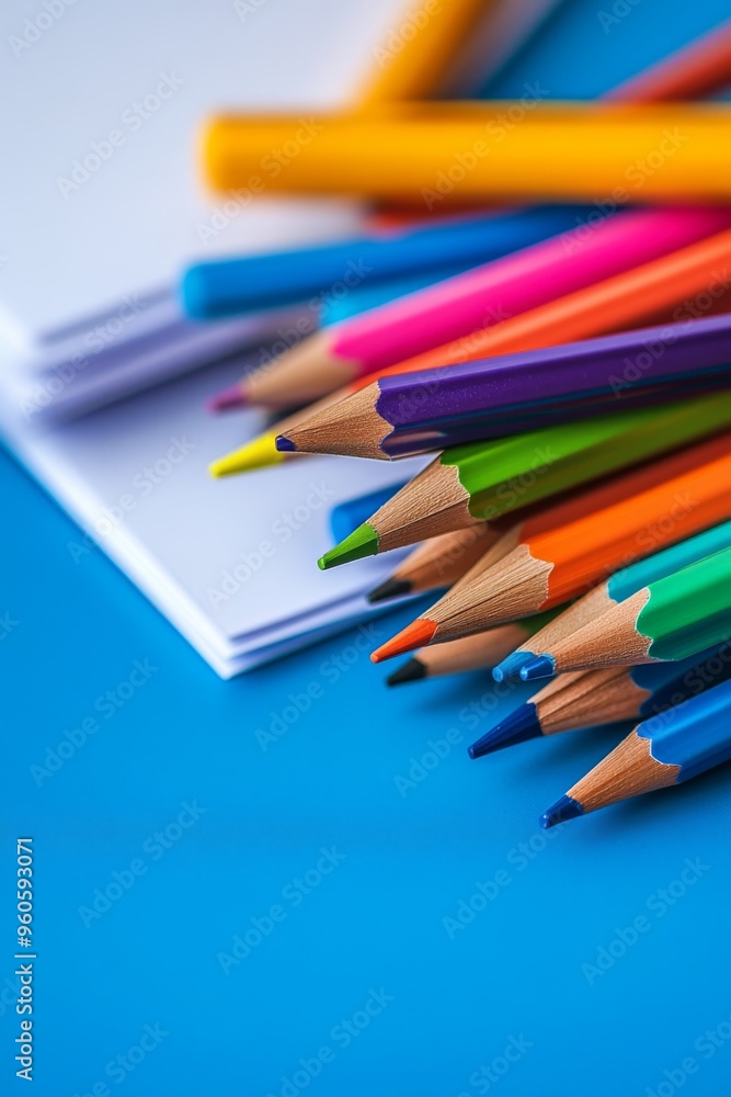 a macro shot of a stack of colorful pens and pencils on a bright blue desk, with a few sheets of paper in the background a macro shot of a stack of colorful pens and pencils on a bright blue desk, with a few sheets of paper in the background