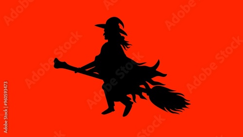 Spooky Witch Riding a Flying Broomstick. Halloween. flying witch silhouette video animation background on red background