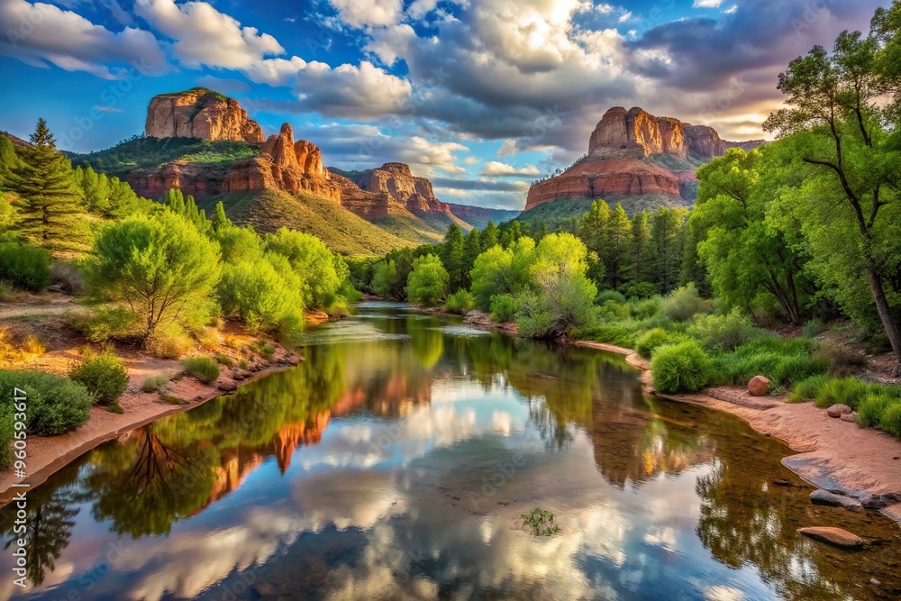 Fototapeta premium West Fork, Arizona, Oak Creek,serene, USA, East Buzzard Point, A serene view of East Buzzard Point overlooking the West Fork of Oak Creek near Sedona Arizona USA