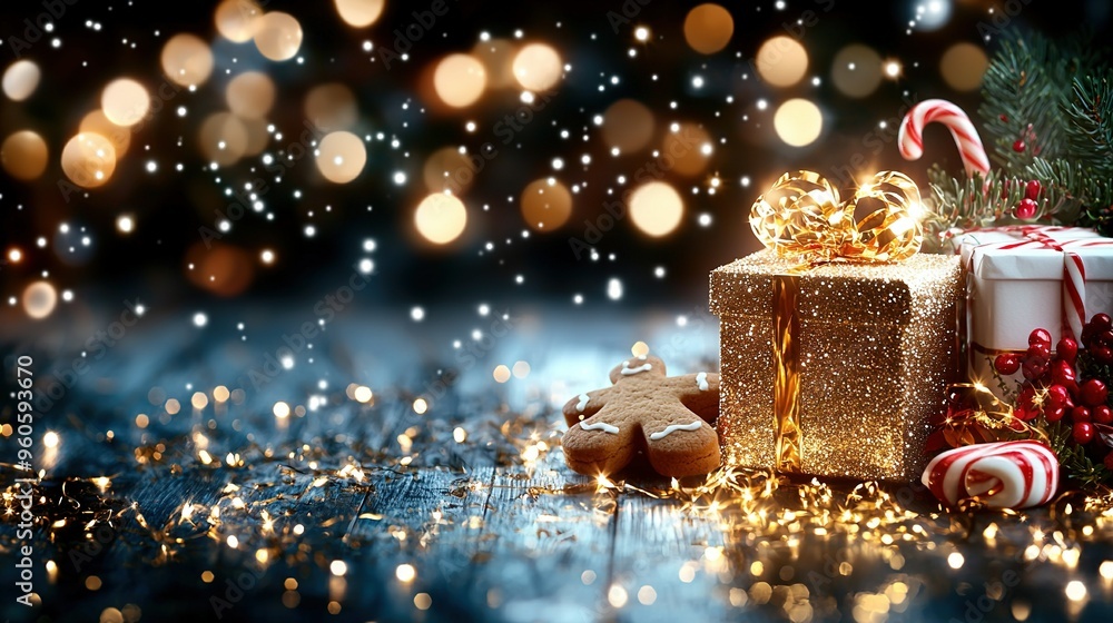 A Christmas present sits atop a table, surrounded by candy canes and a nearby Christmas tree A Christmas present sits atop a table, surrounded by candy canes and a nearby Christmas tree