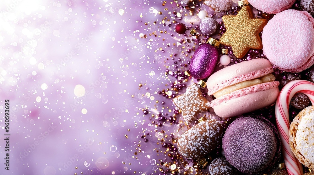 Cookies and candies on a purple-white backdrop with star glitter Cookies and candies on a purple-white backdrop with star glitter