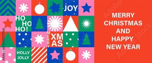 Christmas and New Year design elements in minimalist geometric style. Bright colorful flat retro vector illustration. Card, banner, flyer.