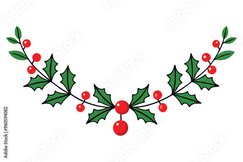 Christmas evergreen garland with berries vector line art, clipart illustration with isolated on white background