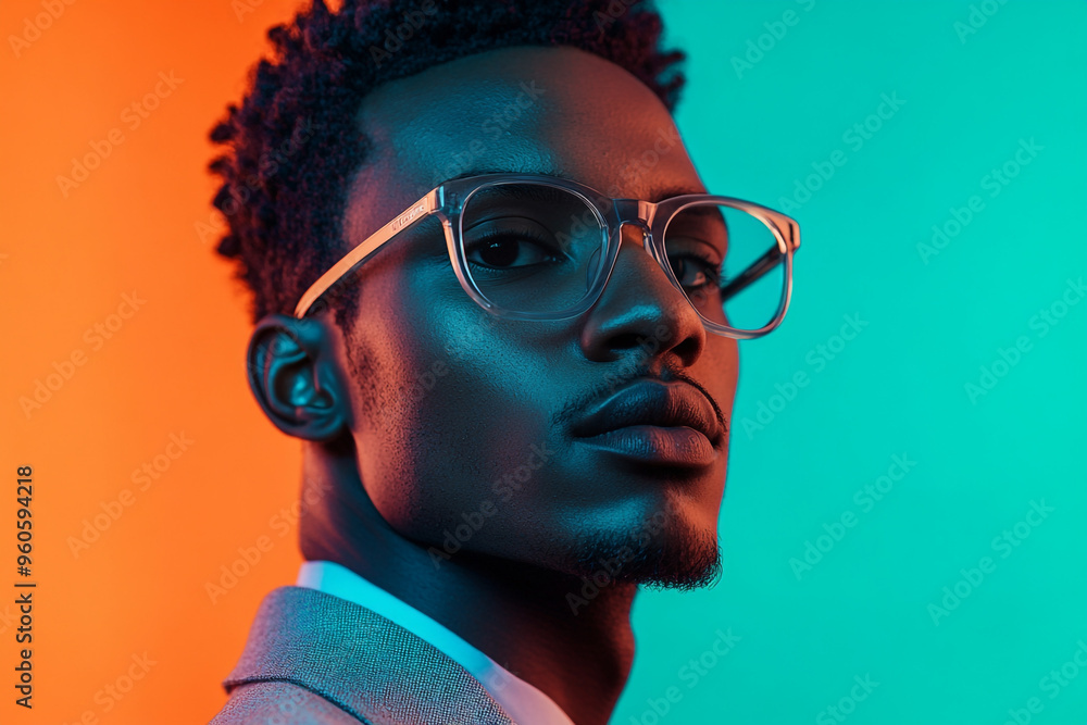 Trendsetting Men in Light Gray Eyewear with Solid Neon Teal Background Fashionable Portrait Trendsetting Men in Light Gray Eyewear with Solid Neon Teal Background Fashionable Portrait