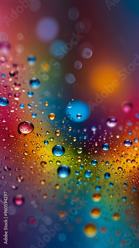 Water droplets in bright, dynamic colors. Vibrant mobile phone wallpaper.