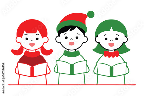 Christmas caroling children vector line art, clipart illustration with isolated on white background