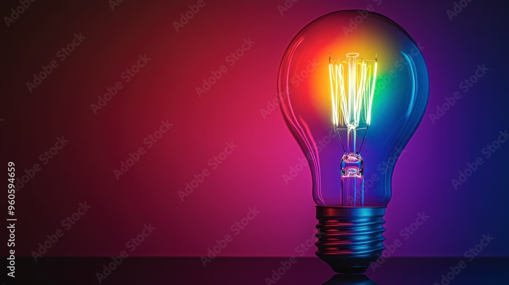 A light bulb with a rainbow-colored filament, glowing brightly and representing diversity, creativity, and inclusivity. A light bulb with a rainbow-colored filament, glowing brightly and representing diversity, creativity, and inclusivity.