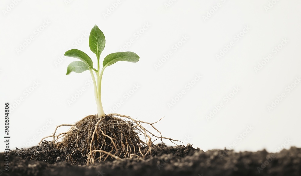 Fototapeta premium Closeup of a Single Green Sprout Emerging from Dark Soil on a Bright White Background, Symbolizing New Life and Growth
