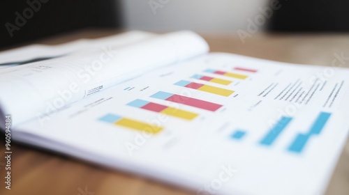 A colorful variety of graphs and pie charts displayed on printed report pages with a pen resting on top for analysis.