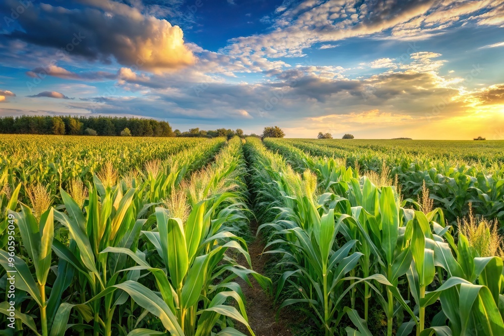 A panoramic view of a lush corn field in full bloom during the summer with rows of tall stalks stretching towards the horizon, scenery, agriculture, foliage, farming, landscape, golden A panoramic view of a lush corn field in full bloom during the summer with rows of tall stalks stretching towards the horizon, scenery, agriculture, foliage, farming, landscape, golden