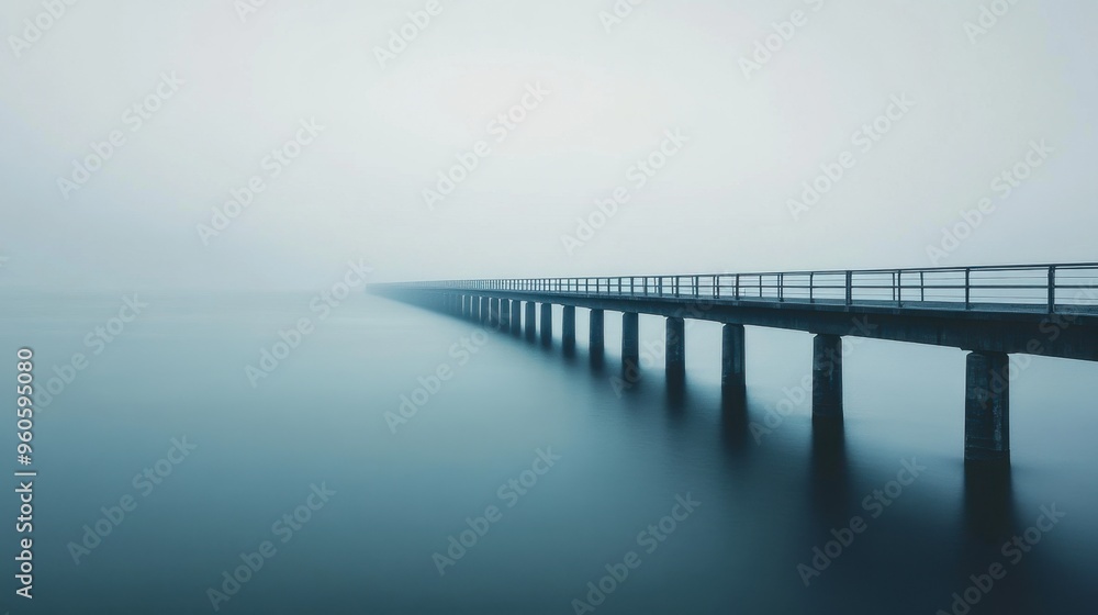 Fototapeta premium A long, winding bridge crossing a vast body of water, with the horizon stretching endlessly ahead.