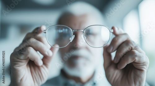 Thoughtful elderly man wearing glasses and a light blue shirt, pondering deeply while isolated on a white background.