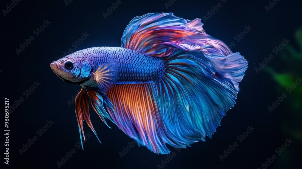 A majestic betta fish with flowing fins and vibrant colors, swimming elegantly in an aquarium against a dark background. A majestic betta fish with flowing fins and vibrant colors, swimming elegantly in an aquarium against a dark background.