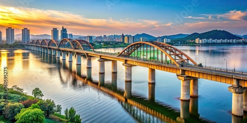 A stunning stock photo showcasing the Banghwa Bridge over the Han River in Seoul South Korea, lights, river, architecture, evening, cityscape, modern, skyline, water,Banghwa Bridge photo