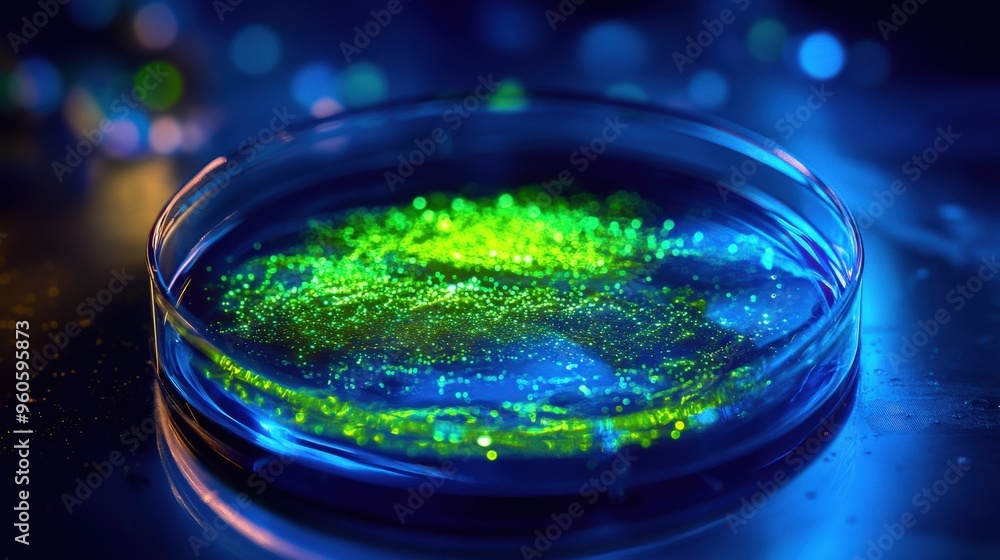 A petri dish showcases a mesmerizing array of vivid, glowing substances against a dark background, illuminated by soft blue lighting in a laboratory environment A petri dish showcases a mesmerizing array of vivid, glowing substances against a dark background, illuminated by soft blue lighting in a laboratory environment