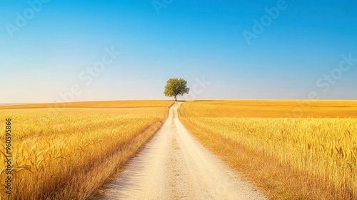 A narrow country road bordered by fields of golden wheat, with a lone tree standing in the distance under a clear blue sky.