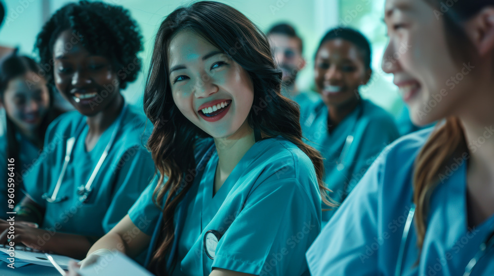 Nursing students engaged in a collaborative learning session in a classroom setting Nursing students engaged in a collaborative learning session in a classroom setting