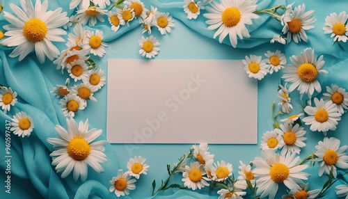 Wallpaper Mural White Daisies and Blue Fabric Surrounding a Blank Card Torontodigital.ca