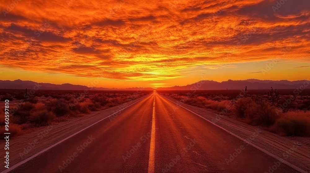 A road through a desert at sunset, with the sky ablaze in shades of orange and red and the road stretching into the distance. A road through a desert at sunset, with the sky ablaze in shades of orange and red and the road stretching into the distance.