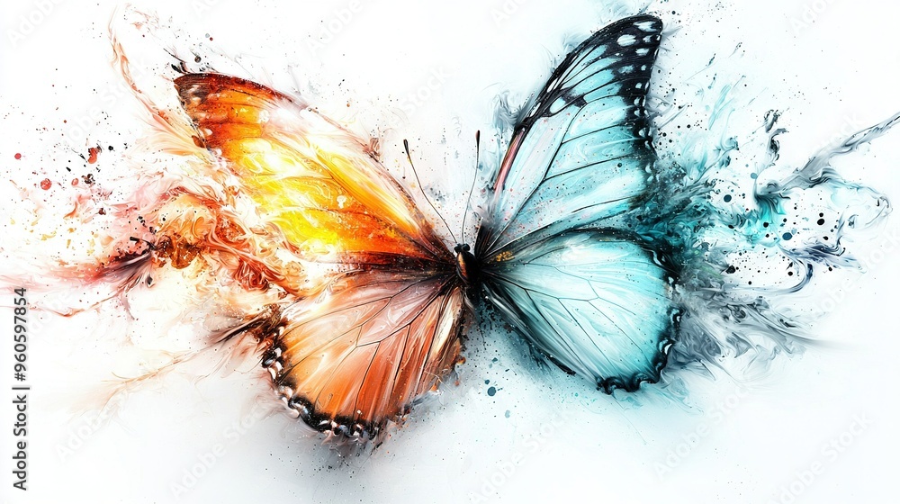 A painting of two butterflies with splashes of blue, orange, and white on their wings A painting of two butterflies with splashes of blue, orange, and white on their wings