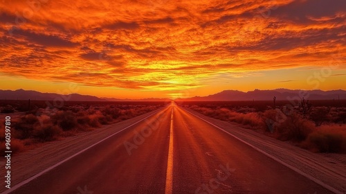 A road through a desert at sunset, with the sky ablaze in shades of orange and red and the road stretching into the distance.