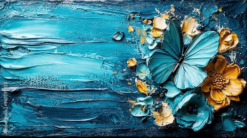   A painting featuring blue and yellow blossoms and a butterfly perched atop one of its petals is what we see here photo