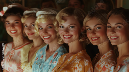 A line up of retro vintage styled perfect housewives, Stepford Wives style, highly polished young women with a generic look smiling to camera, landscape 16:9 with copy space blank