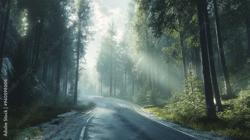 Fototapeta premium A road through a mountain forest, with tall, dense trees on either side and the sun filtering through the branches.