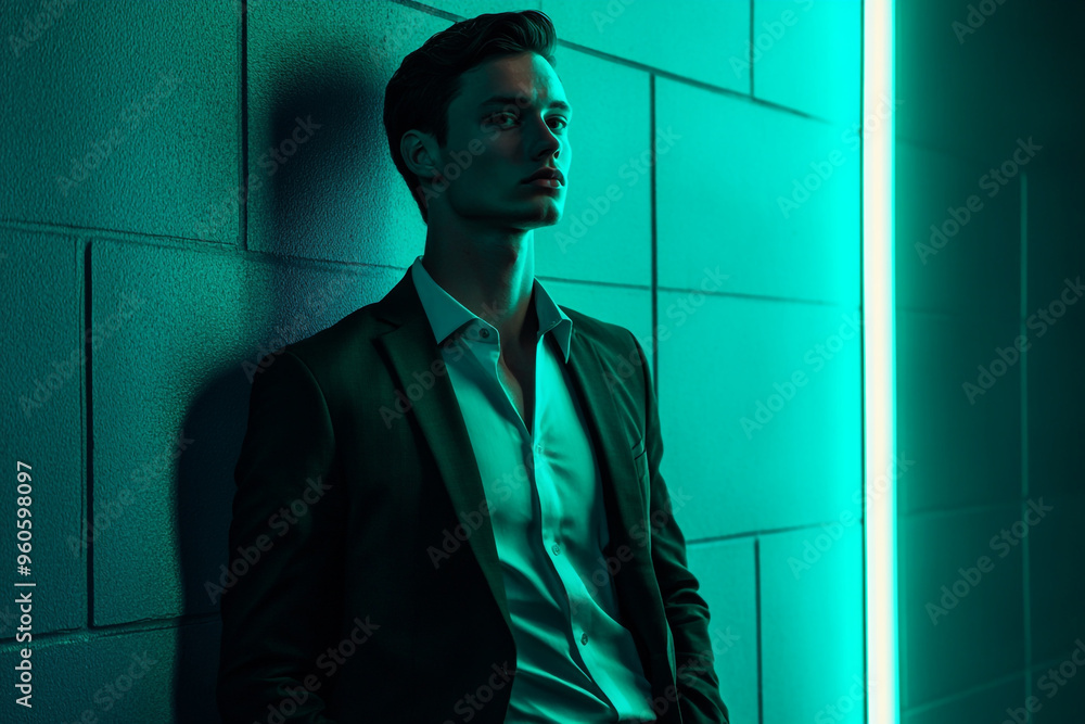 Trendy Mens Dark Green Suit with Solid Neon Teal High Energy Fashion Lifestyle Portrait Background Trendy Mens Dark Green Suit with Solid Neon Teal High Energy Fashion Lifestyle Portrait Background