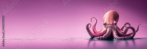 Vibrant pink octopus on wet purple background, creating a stunning visual display. Octopus banner with copy space.