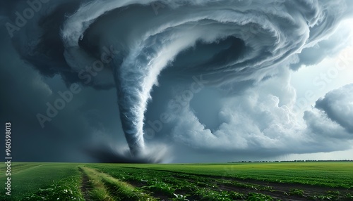 Tornado Swirling Over Farm Fields Under Dark Storm Clouds, Symbolizing Natural Disasters and Climate Change Impacts photo