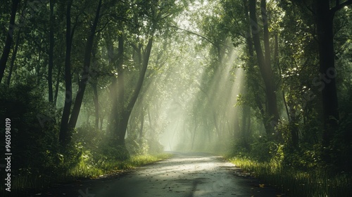 A road through a peaceful forest, with sunlight filtering through the trees and the sounds of nature all around.