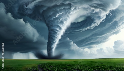 Tornado Swirling Over Farm Fields Under Dark Storm Clouds, Symbolizing Natural Disasters and Climate Change Impacts photo