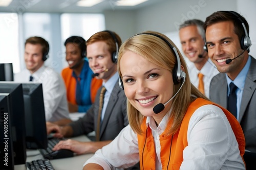 A young blonde beautiful woman in a smart orange shirt outfit smiles while wearing a headset, working as a call center operator in a busy orange office. The businesswoman assistent and secretary photo